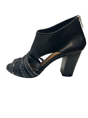 Italian Leather Peep Toe Black Chunky Heel Beaded Peep-Toe Sandals, size 41
